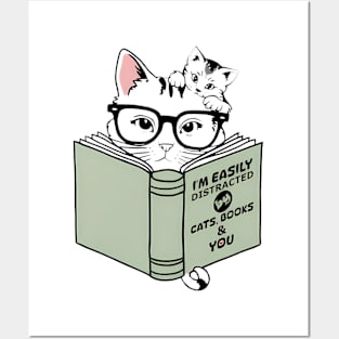 Easily Distracted By Cats Books And You Funny Cat Book Lover Posters and Art